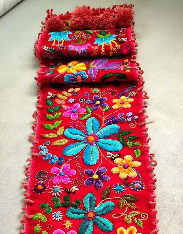 Table Runner / Bed Scarf Hand Embroidered (Red)